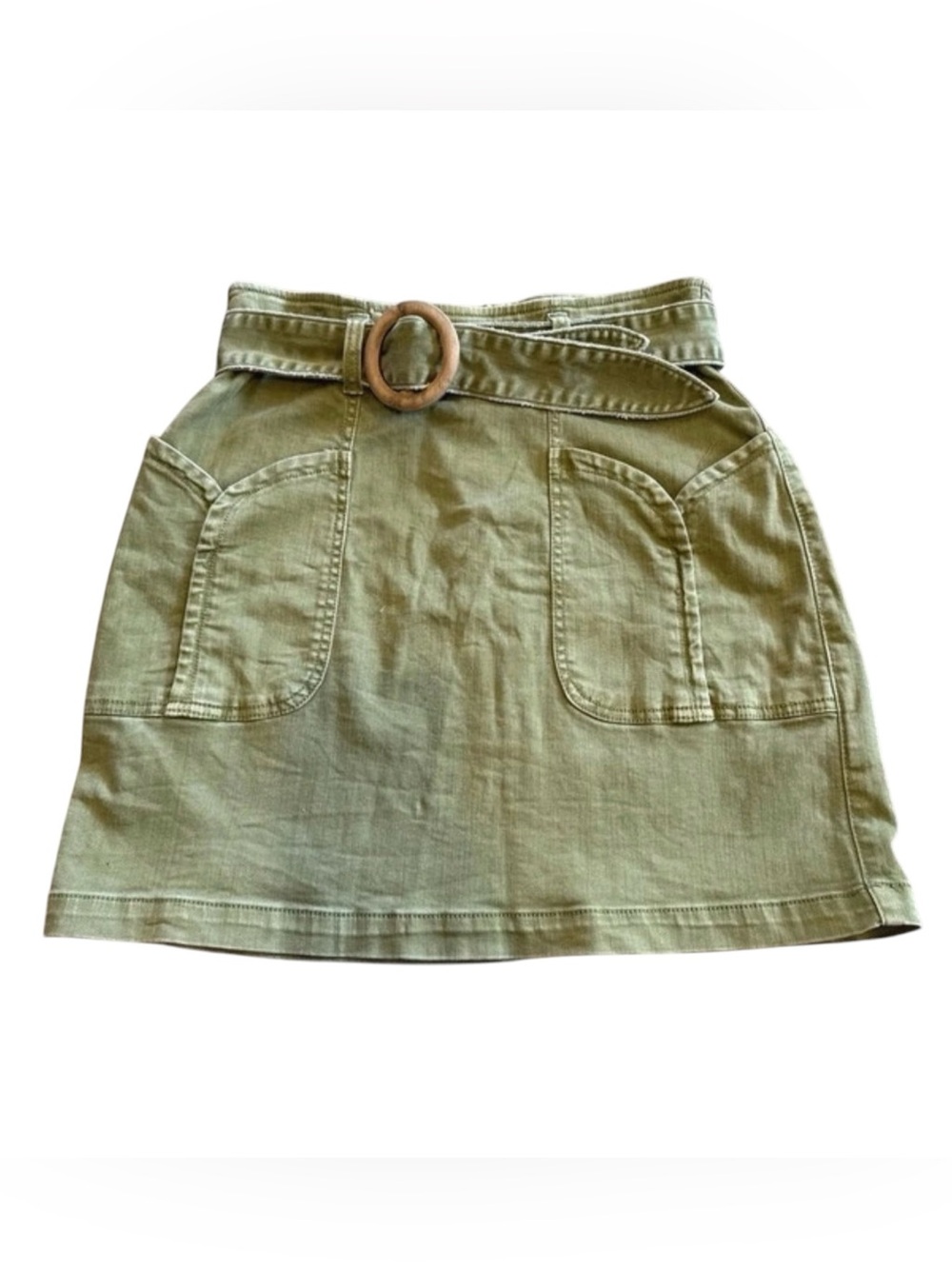 Anthropologie Olive Green Mini Skirt with Belted Waist